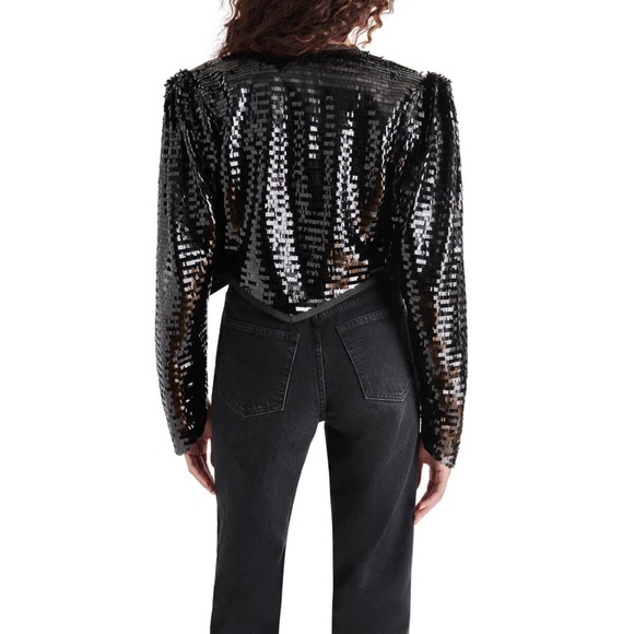 NWT Steve Madden Juliet Sequin Cropped Jacket Size XS S black NEW shoulder pads - Picture 2 of 16